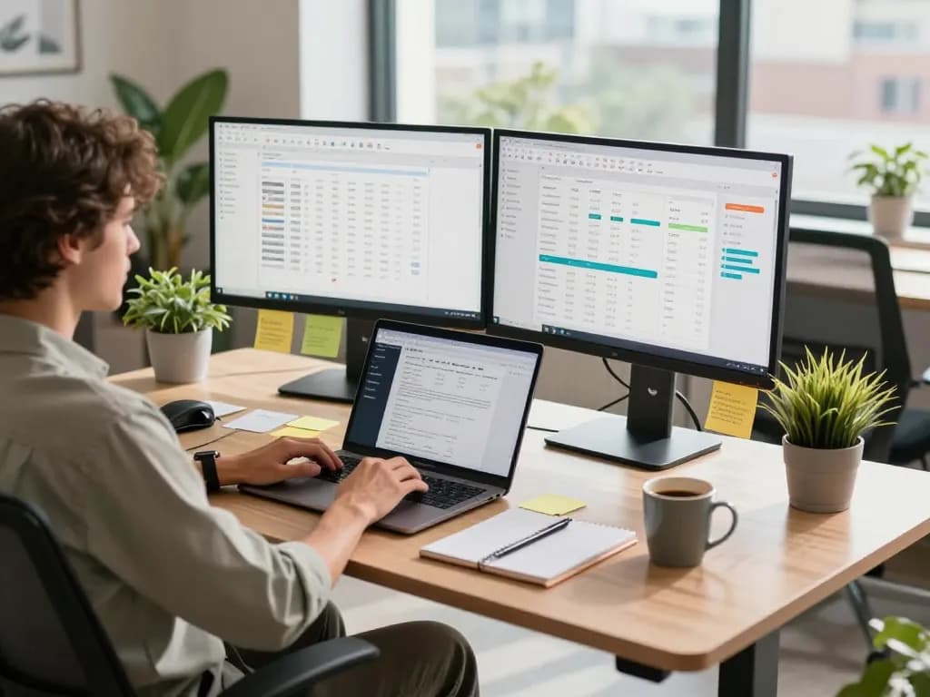 Tech gadgets for productivity enhancing a modern workspace with a person working on laptops and monitors.