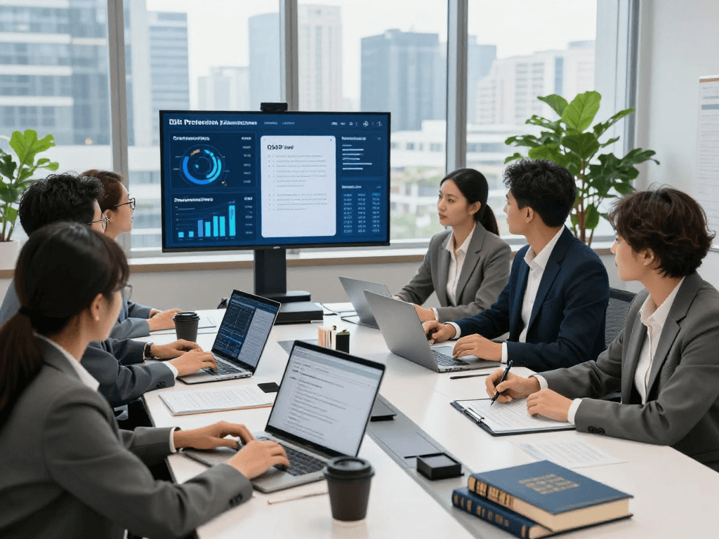 Wissen / Blog-Hub workspace with a team discussing DSGVO compliance and B2B lead tracking in a professional setting.