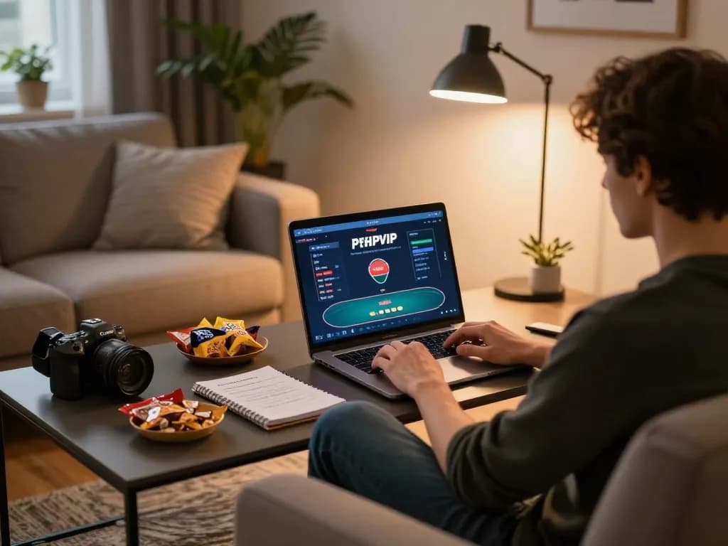 Engaging online poker gameplay on PHPVIP platform in a cozy home setting full of snacks and strategy notes.