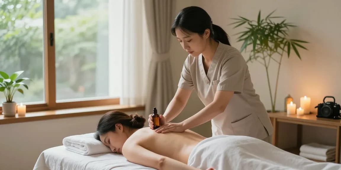 Uijeongbu 출장마사지 service featuring a professional therapist in a serene home setting.