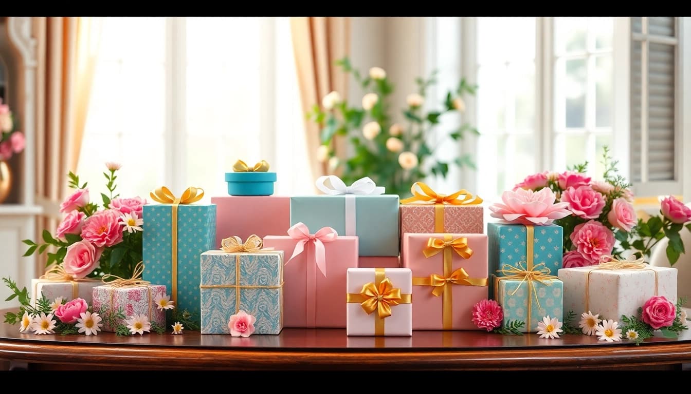 Vielfältige Geschenkideen stilvoll präsentiert auf einem eleganten Holztisch mit Blumen.