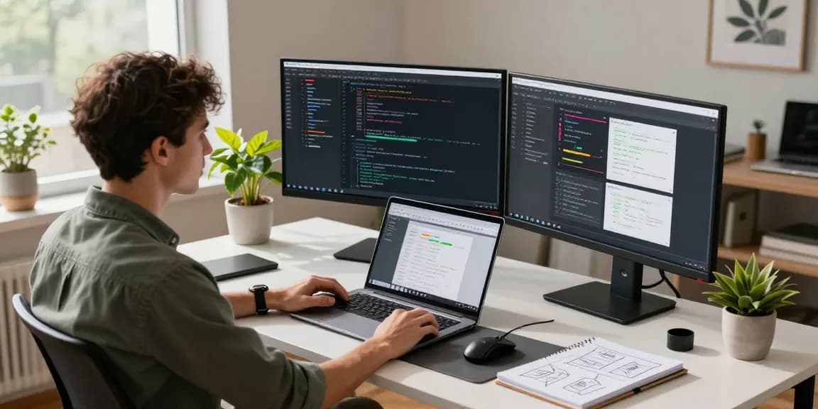 Developer coding in modern workspace, highlighting the WPS Official Website interface for efficient productivity.