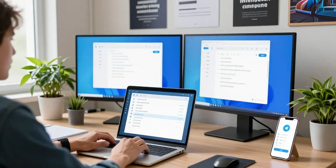 Customizing Telegram Chinese settings on a modern workstation with dual monitors.