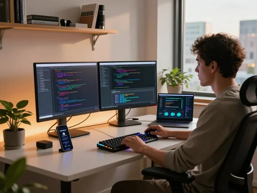 developer using clawdbot ai in a modern tech workspace with vibrant coding screens