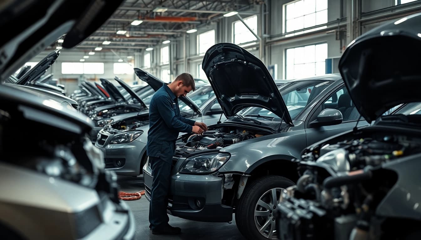 Motorschaden Ankauf in der Fahrzeugwerkstatt, Mechaniker überprüft Schäden.