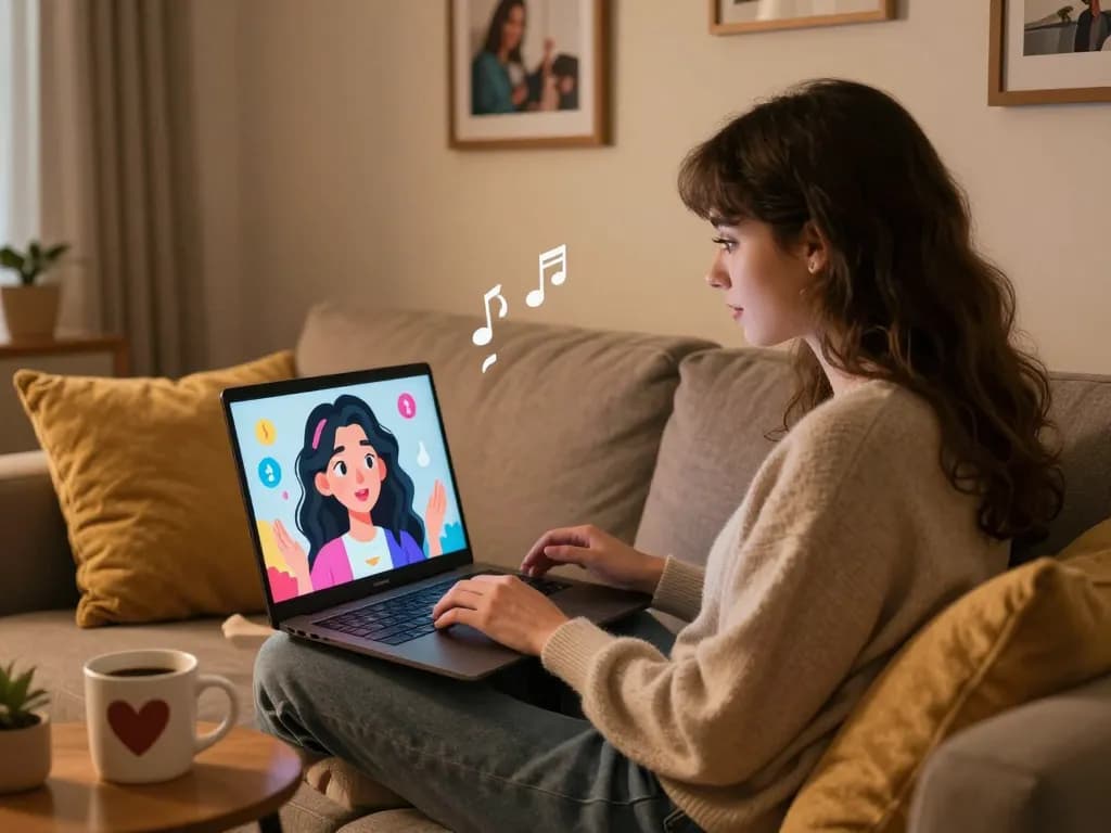 Engaging with a girlfriend AI on a laptop, showcasing a virtual relationship in a cozy home setting.