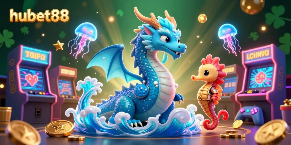 Experience excitement at hubet88 with a vibrant 3D dragon, seahorse knight, and neon game elements in a dynamic casino scene.
