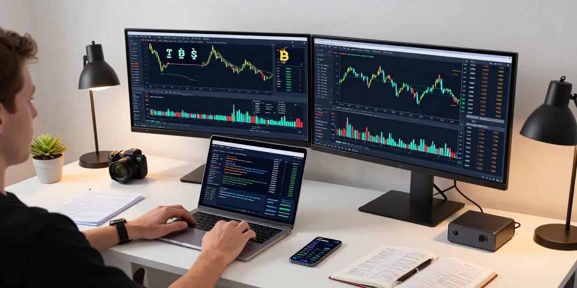 Edimakor in moderner Krypto-Handelsumgebung mit Bitcoin-Charts und DeFi-Protokollen