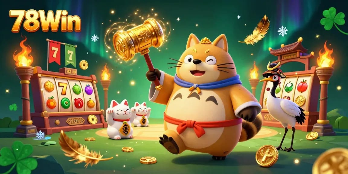Spin the reels at 78Win, featuring a cheerful tanuki and maneki-neko in a vibrant casino scene.