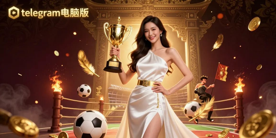 与充满活力的telegram电脑版互动，一位 stunning 的亚洲女性举起金色奖杯庆祝。