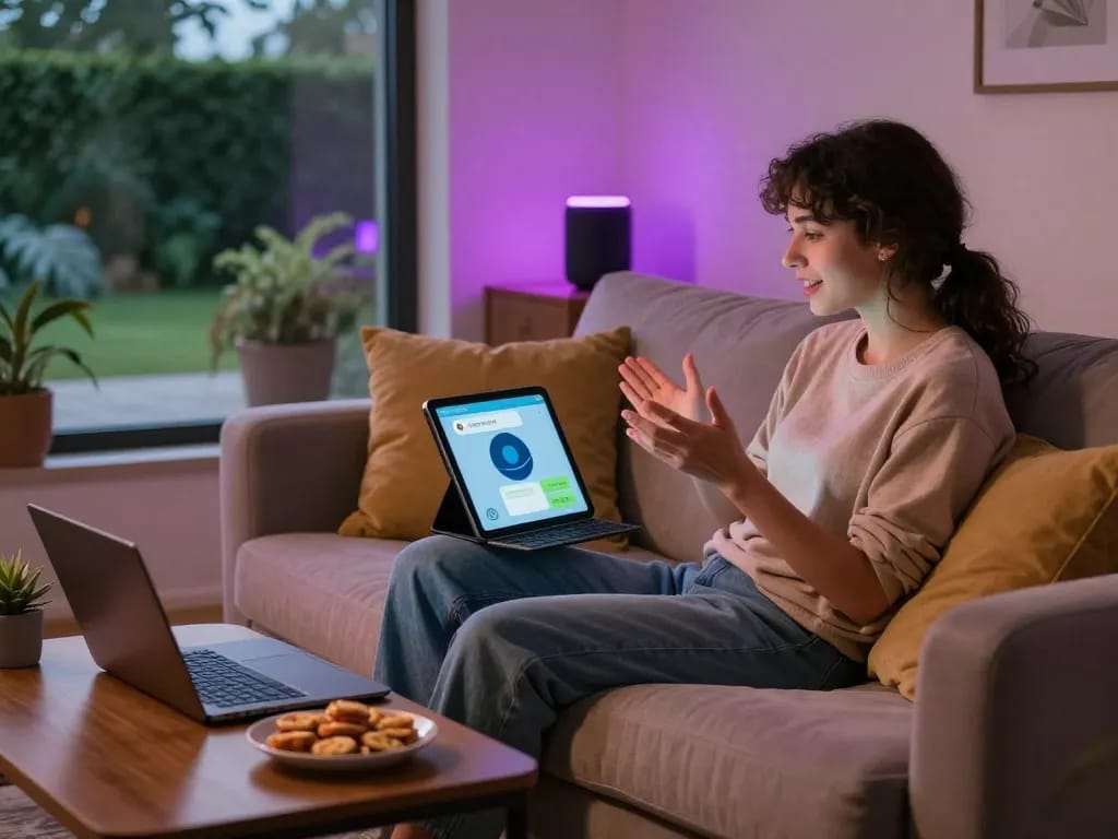Engaging with an nsfw chat bot in a cozy home setting.
