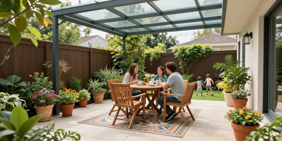 Elegante Terrassenüberdachungen, Familie genießt Kaffee in einem modernen Garten.