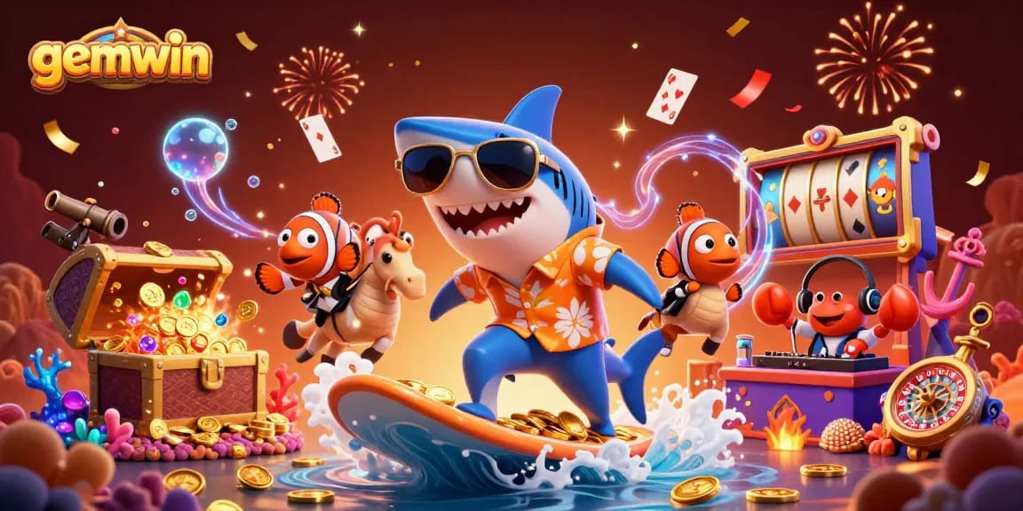 Join the excitement of gemwin as a shark surfs gold coins amidst vibrant casino elements