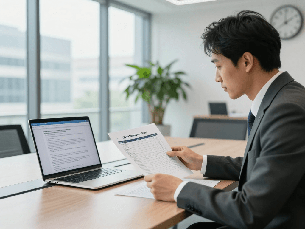 Wissen / Blog-Hub zur DSGVO: Berater prüft Datenschutzrichtlinien in einem modernen Büro.