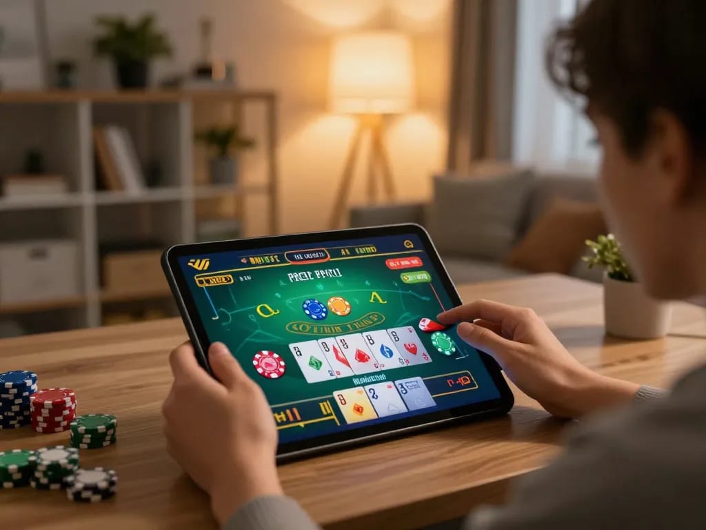 Player engaged in online casino gaming at home, with F168 blackjack game on tablet showcasing strategy and excitement.