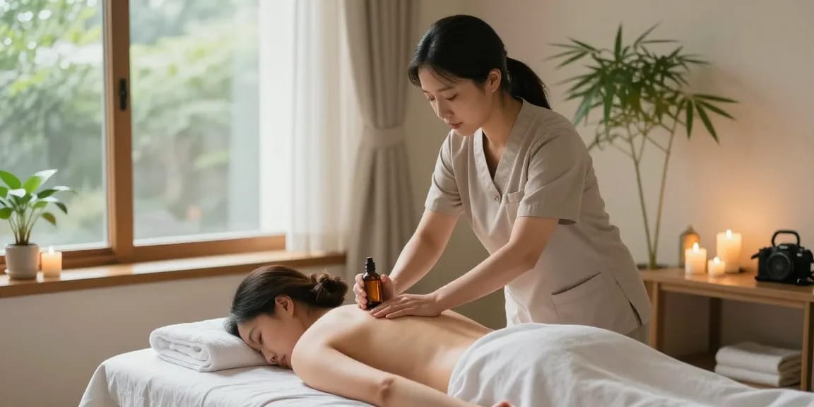 Uijeongbu 출장마사지 service featuring a professional therapist in a serene home setting.