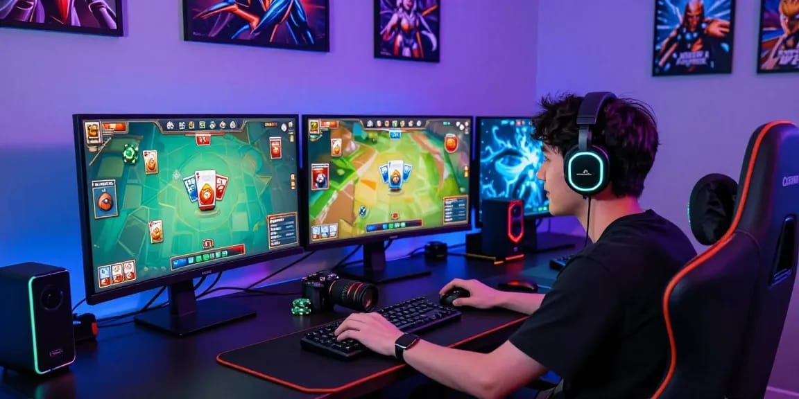 Exciting gaming moment at https://gemwin.pics/, showcasing an enthusiastic player engaged in high-stakes online card games surrounded by vibrant LED lights and advanced gaming gear.