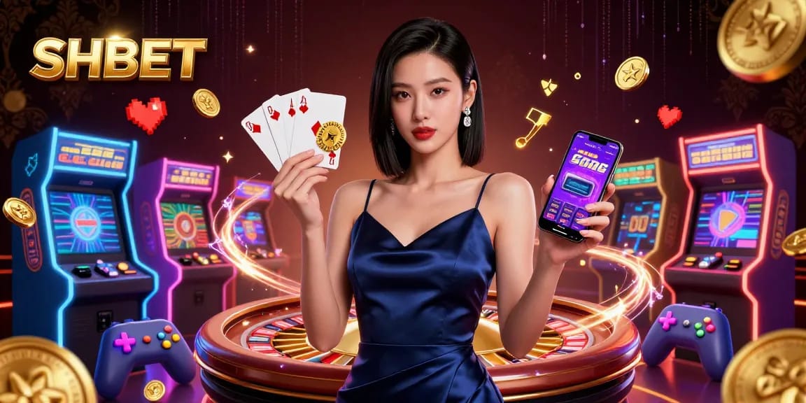 Engage with SHBET's thrilling casino app featuring a confident woman in a sumptuous dress holding casino elements.