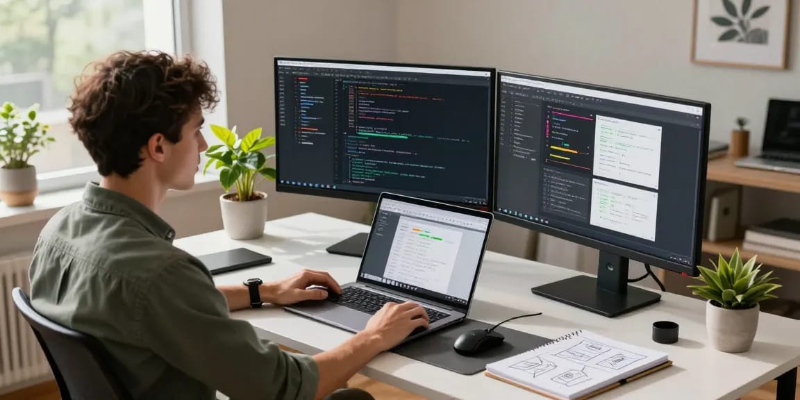 Developer coding in modern workspace, highlighting the WPS Official Website interface for efficient productivity.