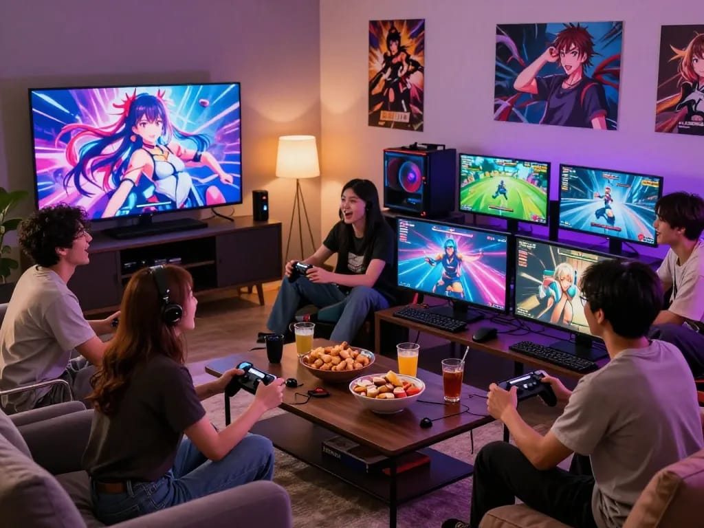 Exciting gaming scene of players enjoying various hentai games together, showcasing vibrant anime characters and engaging atmosphere.