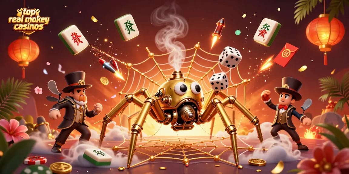 Catch the excitement at top real money casinos with a steampunk spider and a gambling fly in this vibrant casino-themed scene.