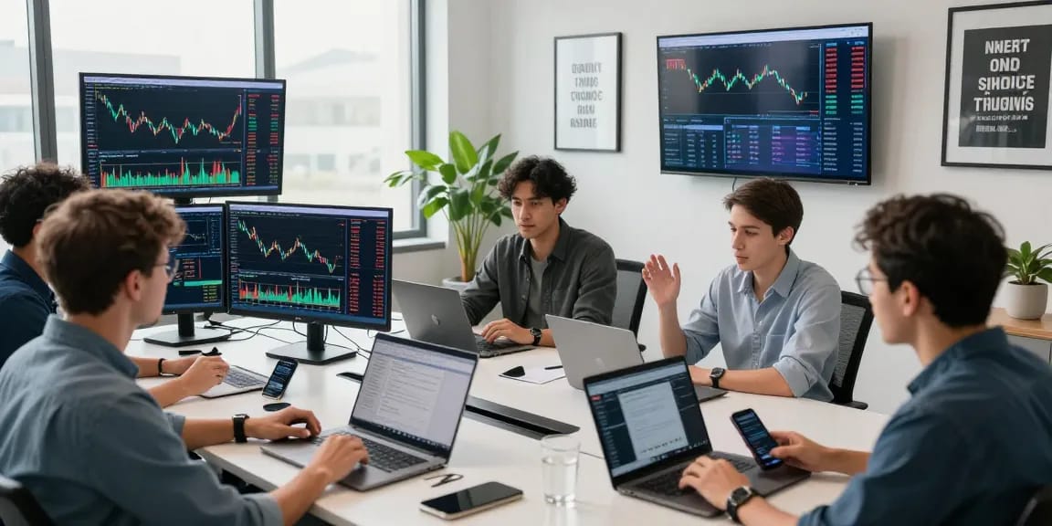 Engaged traders at 업투익스체인지 analyzing crypto market trends in a modern office.