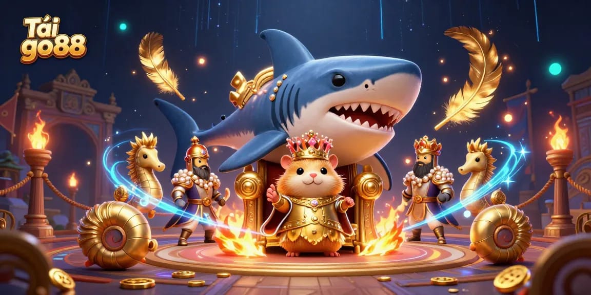 Engage with the thrilling world of Tải go88 as the golden hamster king rules in a vibrant 3D casino-themed scene.