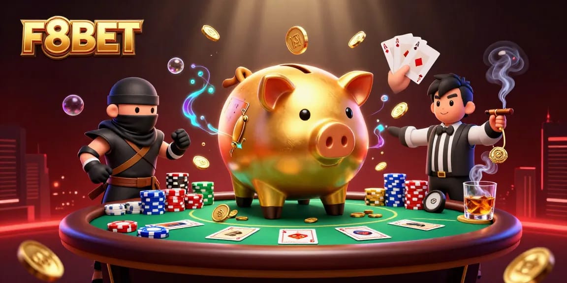 Engage with F8BET’s vibrant casino scene featuring a golden piggy bank sumo wrestler amidst poker excitement.