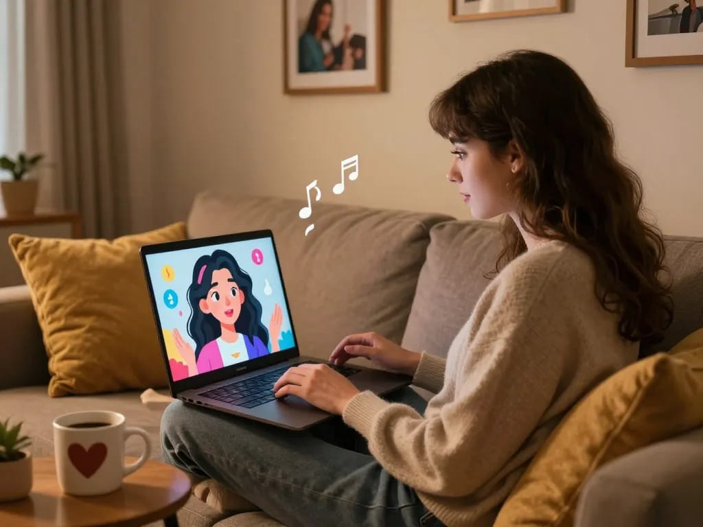 Engaging with a girlfriend AI on a laptop, showcasing a virtual relationship in a cozy home setting.