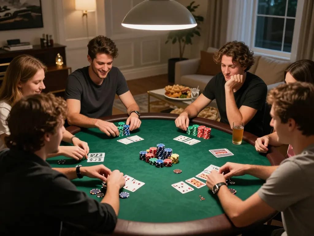 Players enjoy a social poker night at home with CM88 chips and strategy discussions.