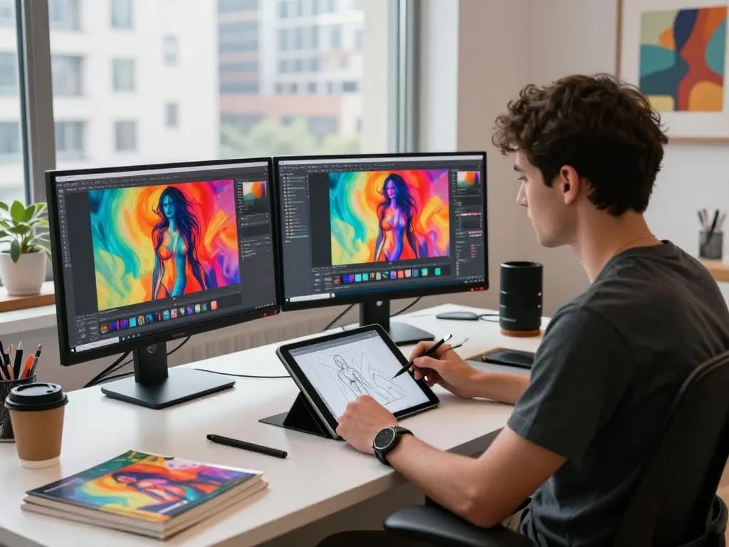 Creative professional designing AI sex content in modern art studio.