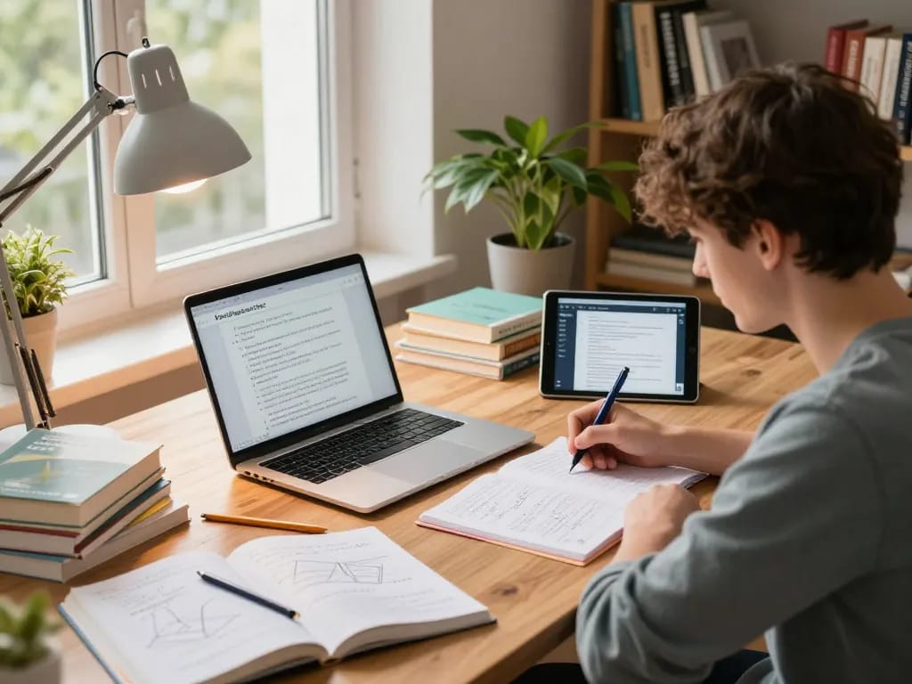 Student, der einen Hausaufgaben Löser in einer modernen Lernumgebung mit Lehrbüchern und einem Laptop verwendet.