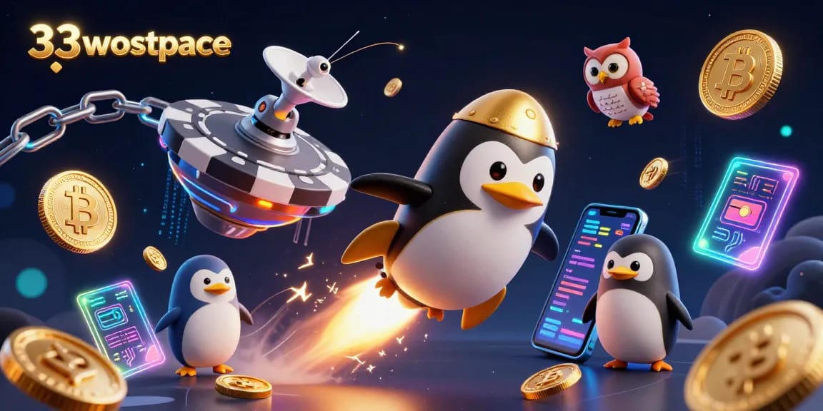 Engage with 33winspace's lively world, featuring a golden penguin racing toward a casino space station.