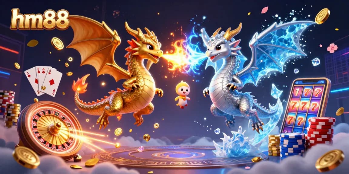 Engage in the thrilling world of hm88 with dragons battling flames and ice, surrounded by vibrant casino elements.