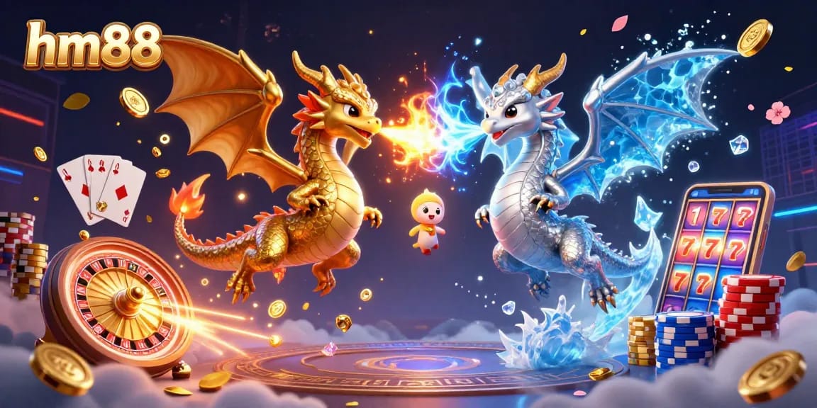 Engage in the thrilling world of hm88 with dragons battling flames and ice, surrounded by vibrant casino elements.
