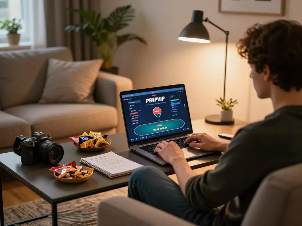 Engaging online poker gameplay on PHPVIP platform in a cozy home setting full of snacks and strategy notes.