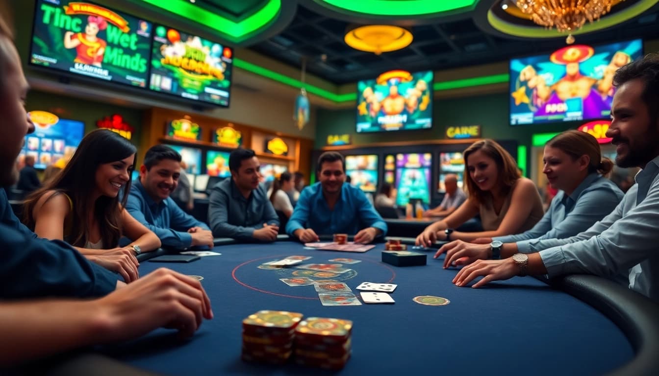 Spieler, die online casino spielen, an einem Tisch mit bunten Pokerchips und Karten.