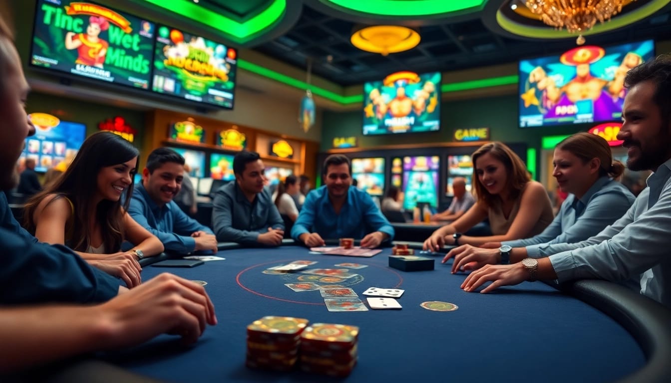 Spieler, die online casino spielen, an einem Tisch mit bunten Pokerchips und Karten.