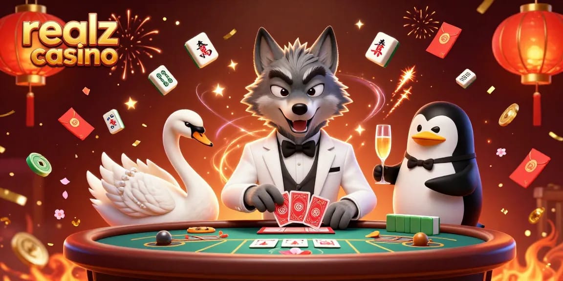 Experience excitement at realz casino with a debonair wolf, elegant swan, and penguin sommelier in a lively gambling scene.