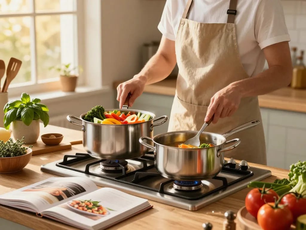 Koch bereitet eine Mahlzeit mit GreenKitchen Kochtöpfen zu, zeigt lebendige Zutaten und eine gemütliche Küchenatmosphäre.