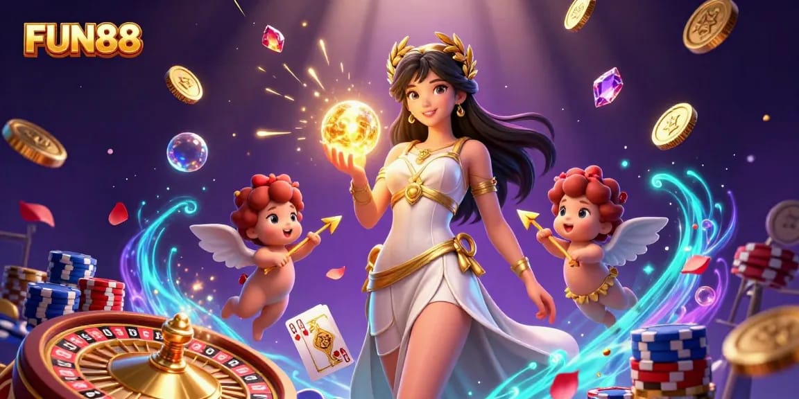 Experience thrilling gaming with FUN88, featuring a captivating casino scene of divine characters and vibrant elements.