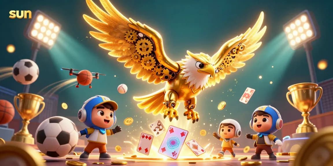 Experience exciting sports betting action with the sun-branded eagle in a vibrant casino scene.