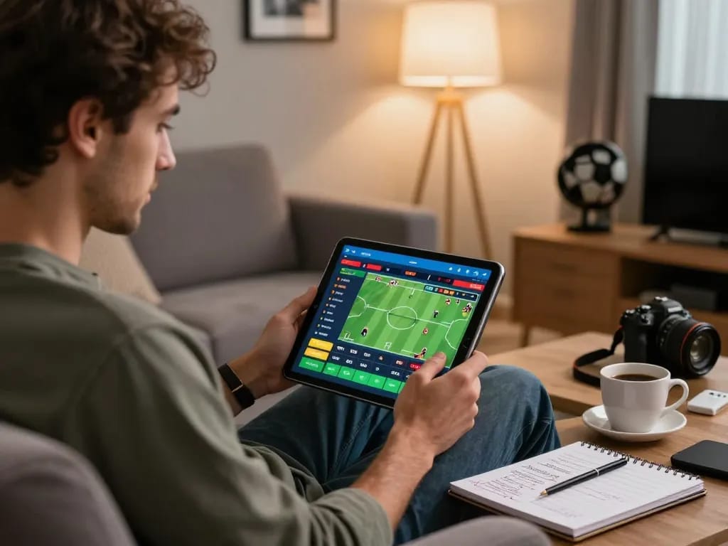 cm88 player strategizing sports bets on a tablet in a warm living room setting