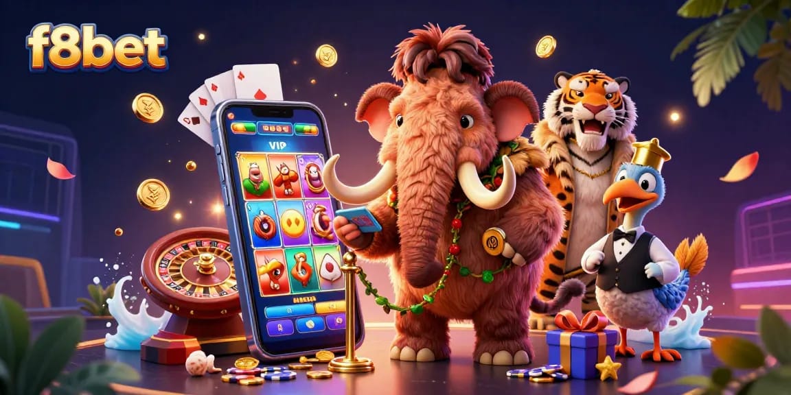 Experience the excitement of f8bet with a vibrant casino scene featuring a woolly mammoth bouncer and a saber-tooth tiger.