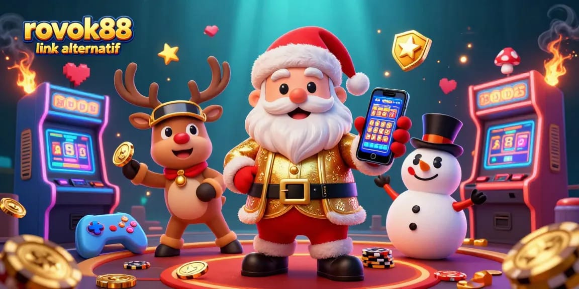Experience thrilling gaming with rokok88 link alternatif in this vibrant casino scene featuring Santa and friends.