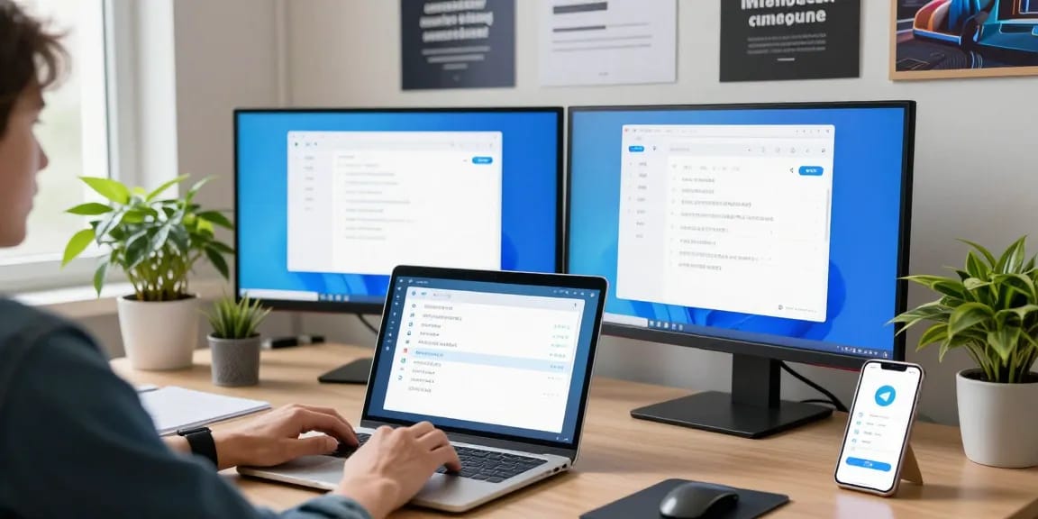 Customizing Telegram Chinese settings on a modern workstation with dual monitors.