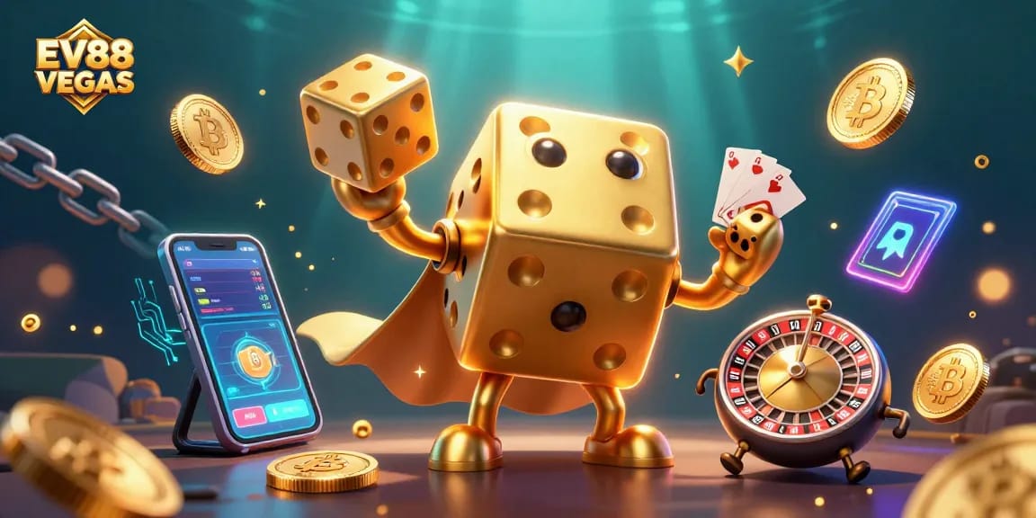 Engage with EV88 VEGAS through an ultra-detailed 3D illustration highlighting golden dice and crypto elements.