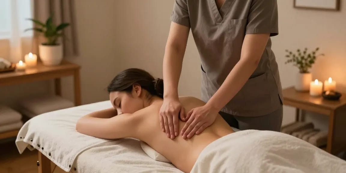 분당출장마사지의 편안한 홈케어 서비스 장면, 마사지사가 고객에게 부드럽게 마사지를 제공하는 모습