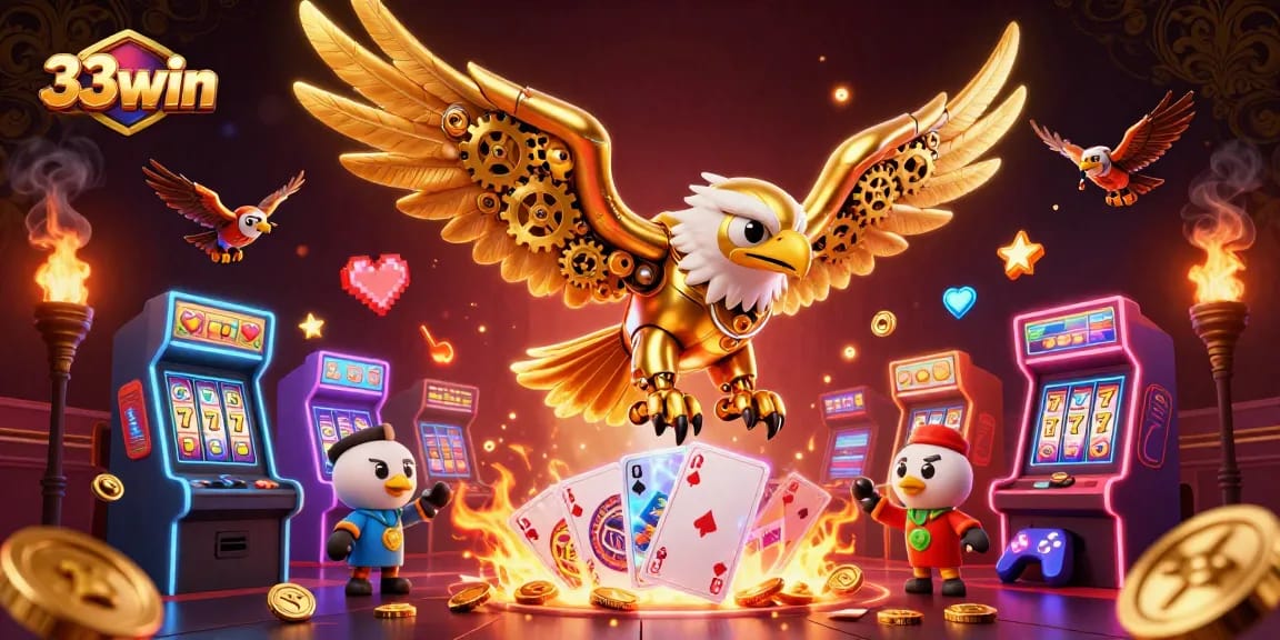Engage with 33win's dynamic casino experience featuring a golden eagle amidst action-packed slot machines and cards.