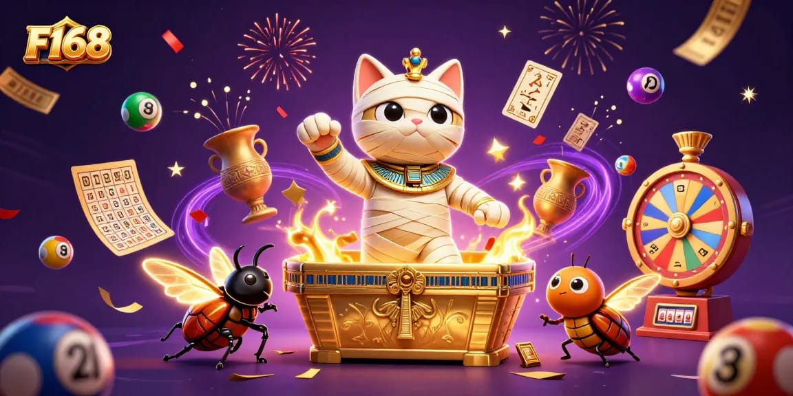 Experience the thrill of F168 with a vibrant scene of an Egyptian mummy cat and treasures bursting from a casino sarcophagus.